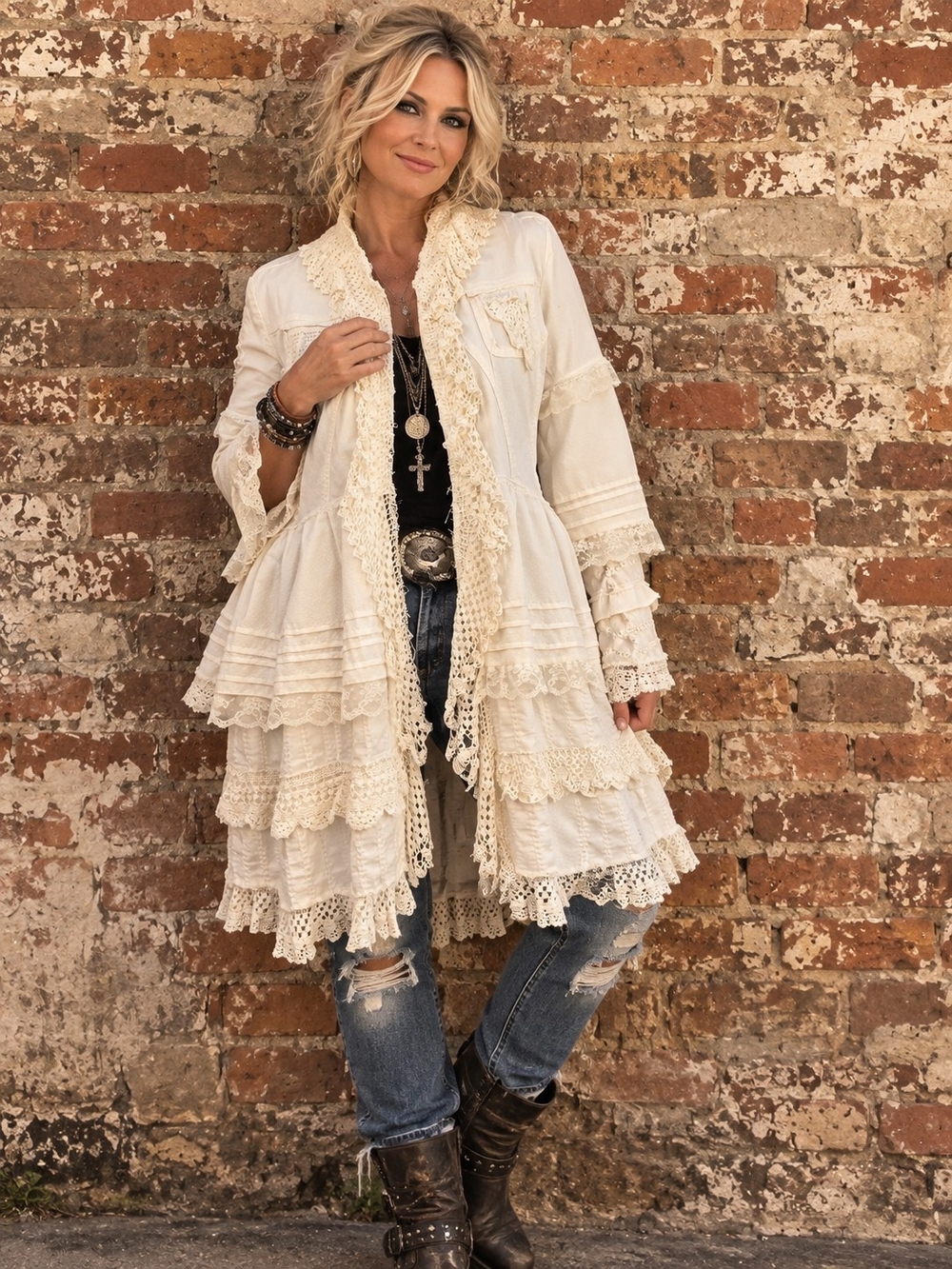 Boho Layered Lace Ruffle Duster Jacket - Upcycled